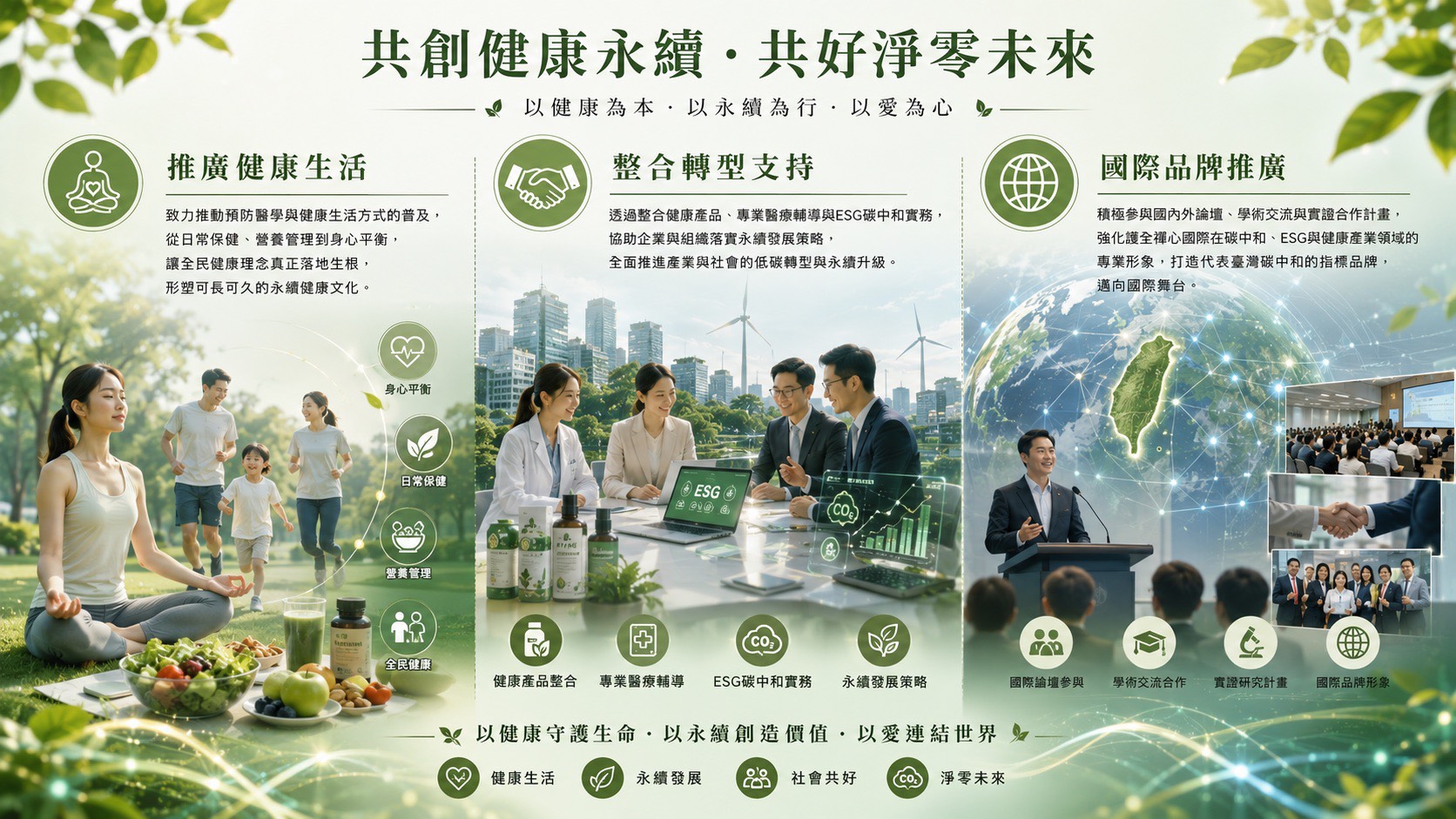 醫護人員握手迎向地球意象，右側有官網診斷分析文字，整體呈現健康永續主題海報。